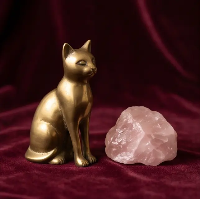 Gold cat figurine beside rose quartz on burgundy velvet, representing pet connection tarot readings