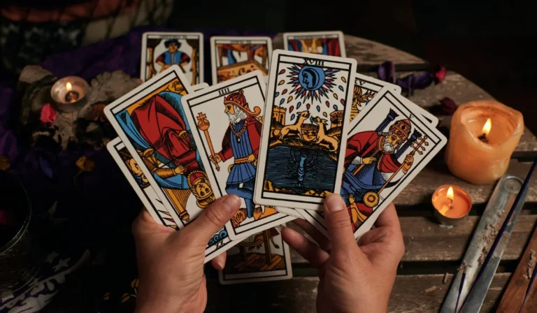 Hands holding a fan of tarot cards beside a lit candle