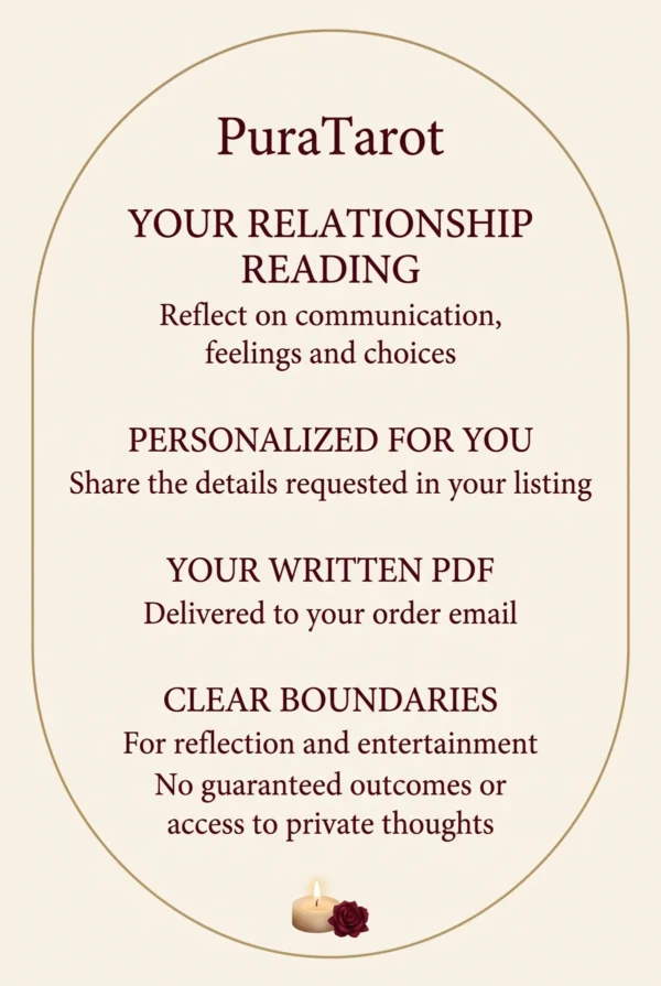 Your Relationship Reading — PuraTarot Service Guide PuraTarot relationship reading guide: share listing details, receive a written PDF by email; reflection only, without guaranteed outcomes or private-thought access.