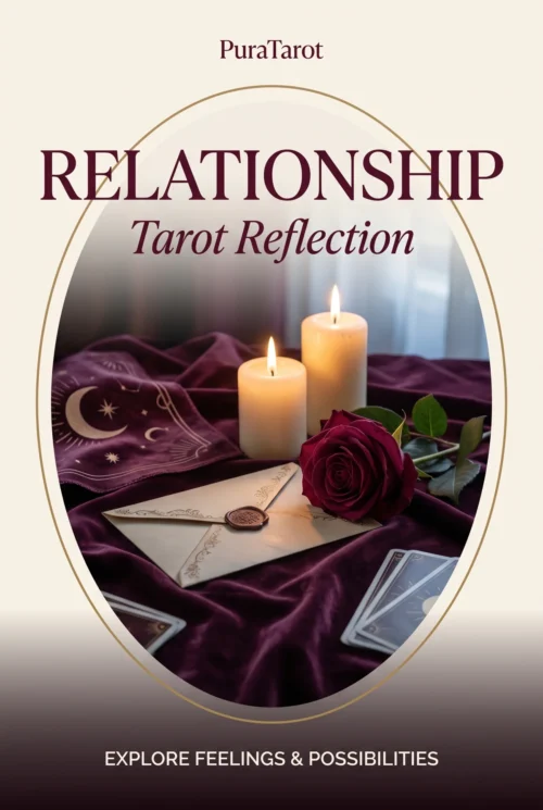 PuraTarot Relationship Tarot Reflection cover with candles, a burgundy rose, a sealed envelope and tarot cards in a gold oval.