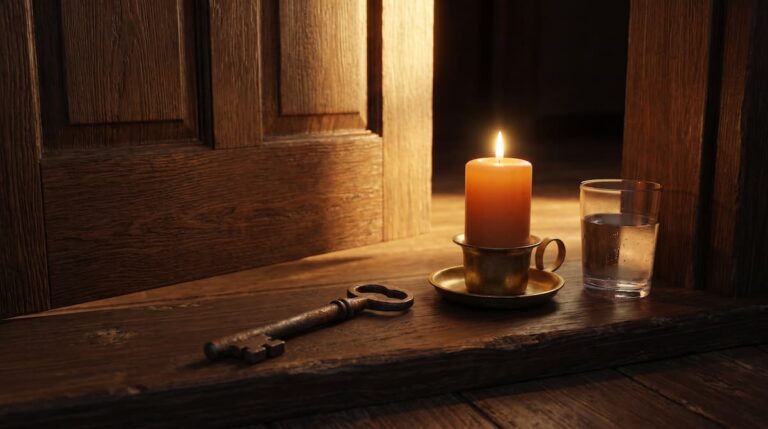 Road opener ritual: iron key, orange candle and glass of water on a wooden threshold with a door opening behind, by PuraTarot