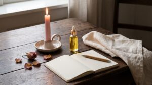 Self love ritual: pink candle, body oil, open notebook and rose petals on a wooden table in soft light, by PuraTarot