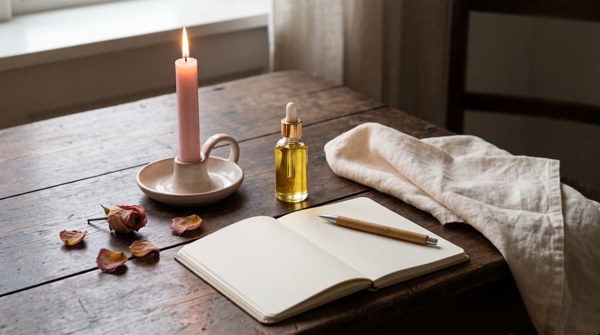 Self love ritual: pink candle, body oil, open notebook and rose petals on a wooden table in soft light, by PuraTarot