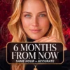 Blonde reader wearing black and a gold hand pendant on a red celestial cover titled Six Months from Now.