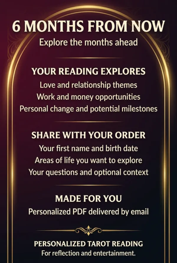 Six Months from Now tarot guide covering love, work, money and personal milestones, framed by a glowing gold arch.