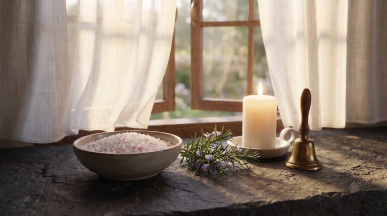 Spiritual cleansing ritual: bowl of sea salt, rosemary, white candle and brass bell by an open window, home cleansing by PuraTarot