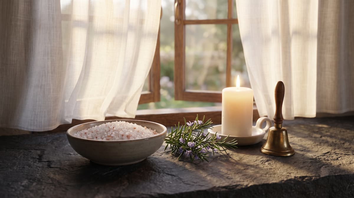 Spiritual cleansing ritual: bowl of sea salt, rosemary, white candle and brass bell by an open window, home cleansing by PuraTarot