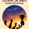 Team Spirit Game Day Ritual — raised-arm silhouettes and a trophy at the right against a blue and gold sunset