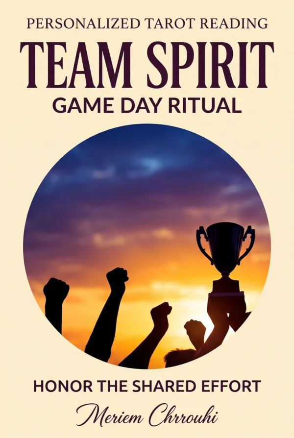 Team Spirit Game Day Ritual — raised-arm silhouettes and a trophy at the right against a blue and gold sunset