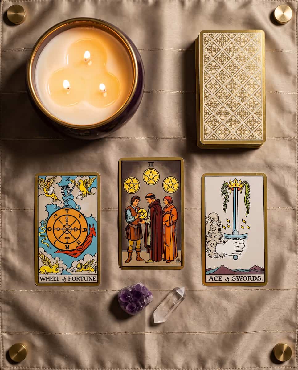 Three-card love tarot spread laid out on velvet beside a candle and a crystal