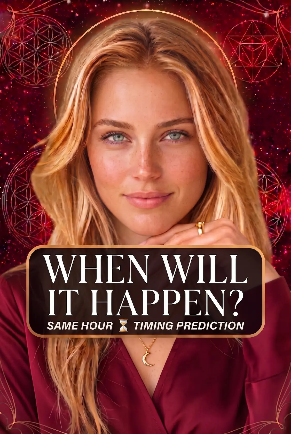 Blonde reader wearing burgundy and a crescent necklace on a red celestial cover titled When Will It Happen.