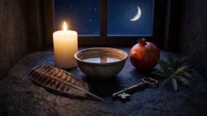 Which deity is calling me: candle, bowl of water, pomegranate, owl feather, key and olive sprig under a crescent moon, deity reading by PuraTarot