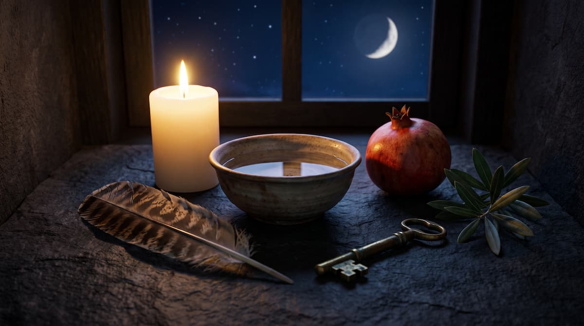 Which deity is calling me: candle, bowl of water, pomegranate, owl feather, key and olive sprig under a crescent moon, deity reading by PuraTarot