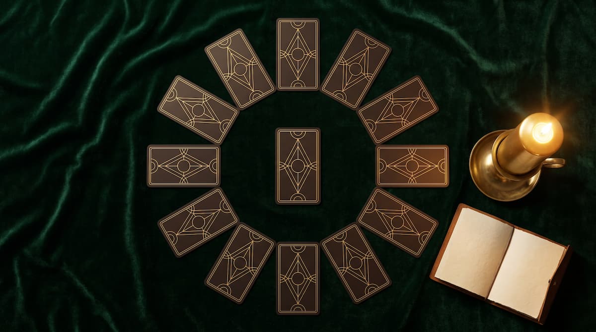Year ahead tarot spread: twelve tarot cards laid in a circle around a center card on green velvet with a candle and notebook, by PuraTarot