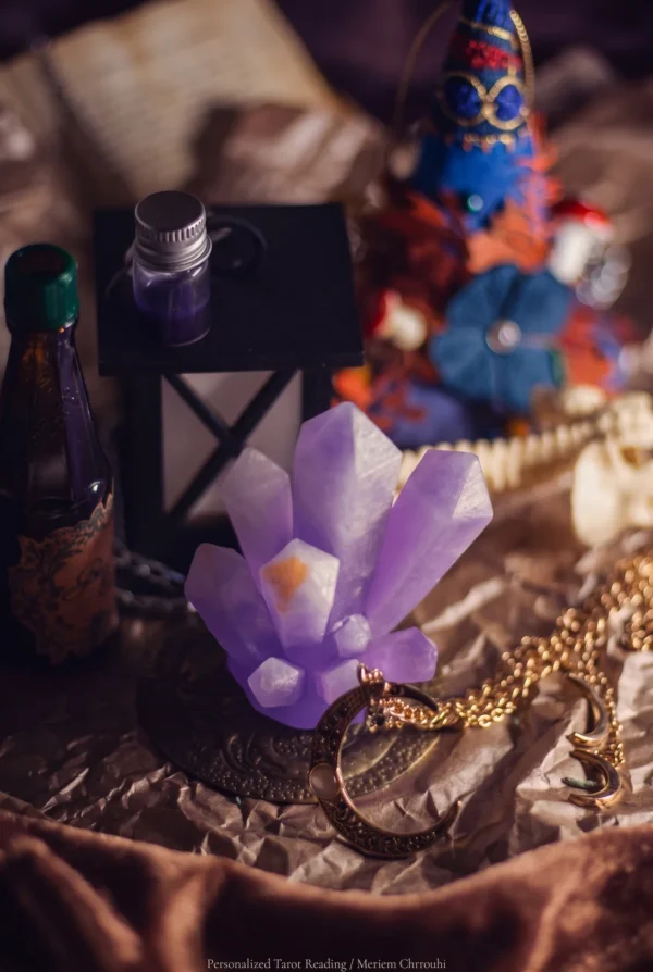 Lavender crystal-shaped ornament with a gold pendant, lantern and bottles on warm fabric.