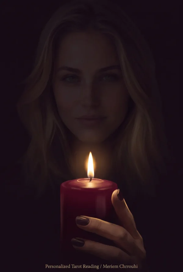 Red candle in the foreground with a softly shadowed blonde woman behind it.
