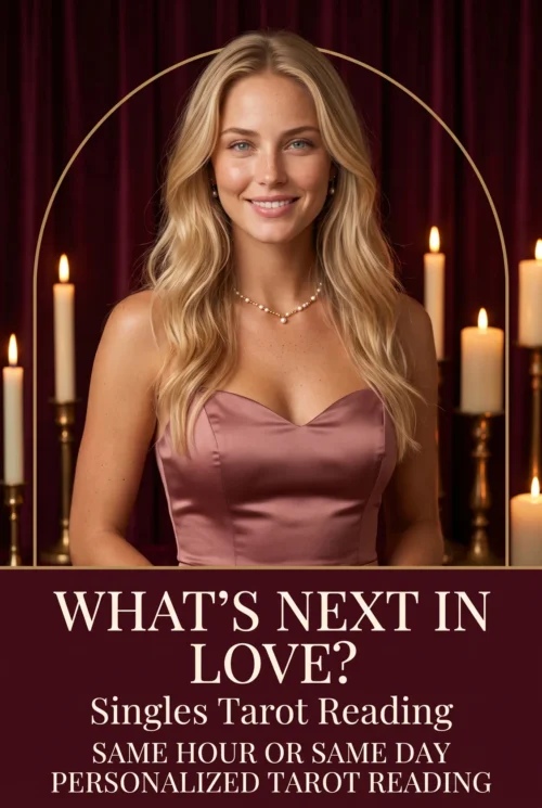 What’s Next in Love? Singles tarot reading cover with a blonde woman in rose satin and candles.
