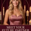Meet Your Future Partner soulmate tarot reading cover with a blonde woman in rose satin and a gold circular arch.