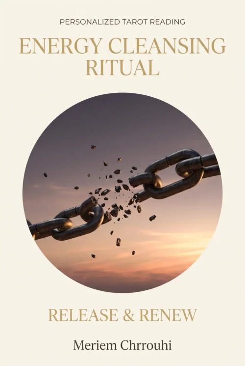 Spiritual Cleansing and Renewal Ritual | Meriem Chrrouhi Energy Cleansing Ritual — a heavy chain breaking across a peach sunset, with suspended metal fragments