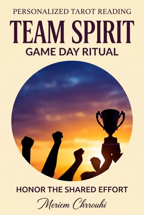 Team Spirit and Game Day Ritual | Meriem Chrrouhi Team Spirit Game Day Ritual — raised-arm silhouettes and a trophy at the right against a blue and gold sunset