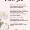 Thank-you card from Meriem Chrrouhi with order support information and white flowers.