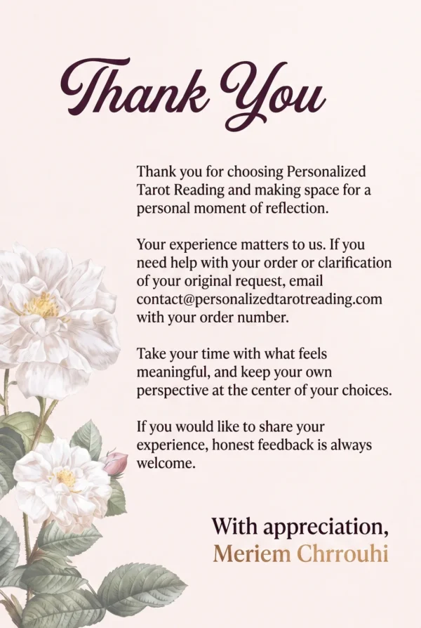 Thank-you card from Meriem Chrrouhi with order support information and white flowers.