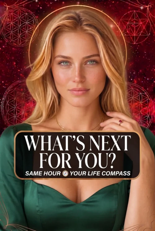 Blonde reader wearing green and a red gemstone ring on a celestial cover titled What Is Next for You, Your Life Compass.
