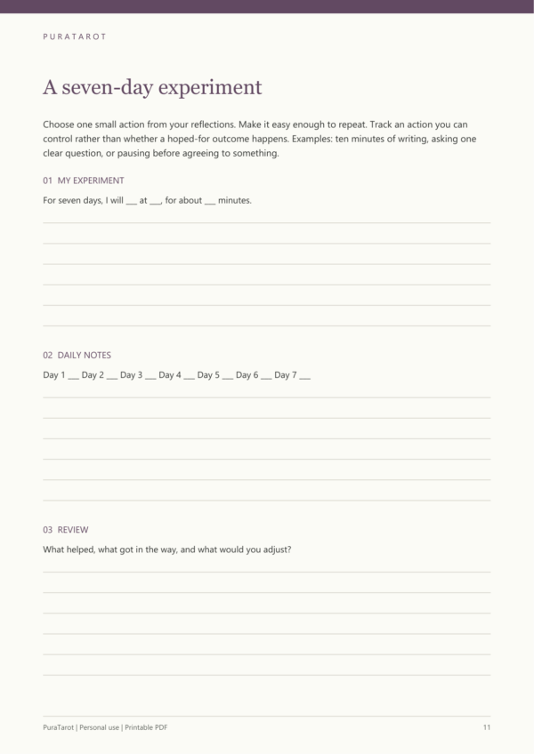 Self-Reflection Tarot Workbook - actual action page Self-Reflection Tarot Workbook printable PDF - actual action page
