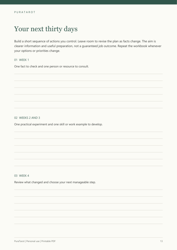Career Change Tarot Workbook - actual action page Actual thirty-day action page from the Career Change Tarot Workbook PDF