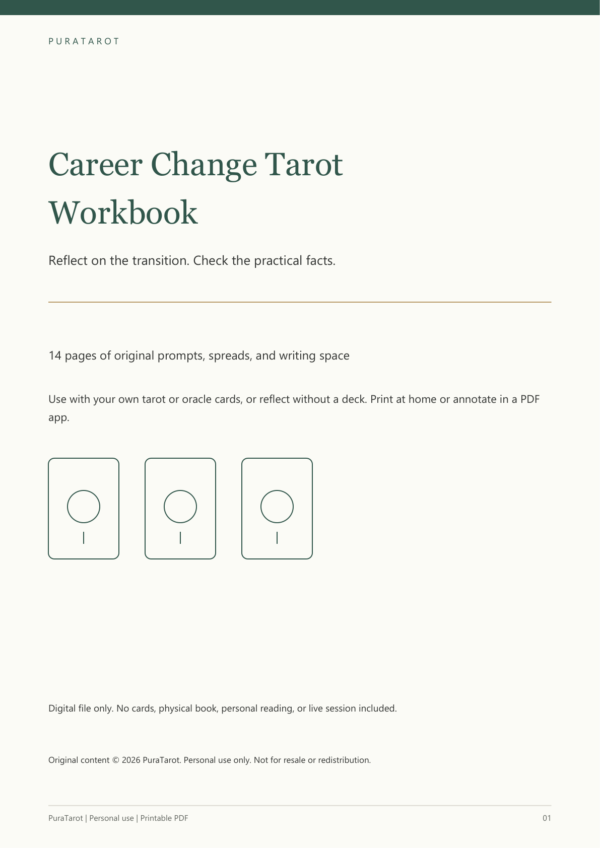 Career Change Tarot Workbook - actual cover Actual cover of the 14-page Career Change Tarot Workbook PDF