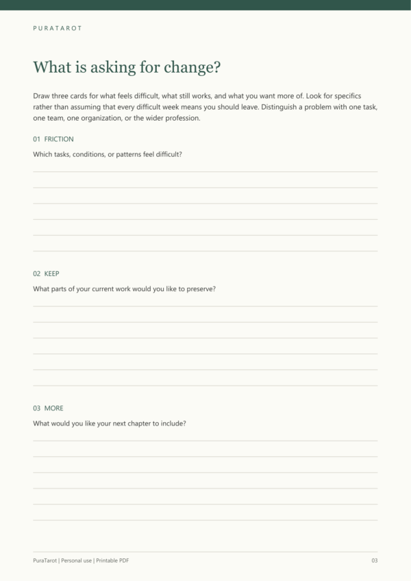 Career Change Tarot Workbook - actual worksheet page Actual career change reflection worksheet from the Career Change Tarot Workbook PDF