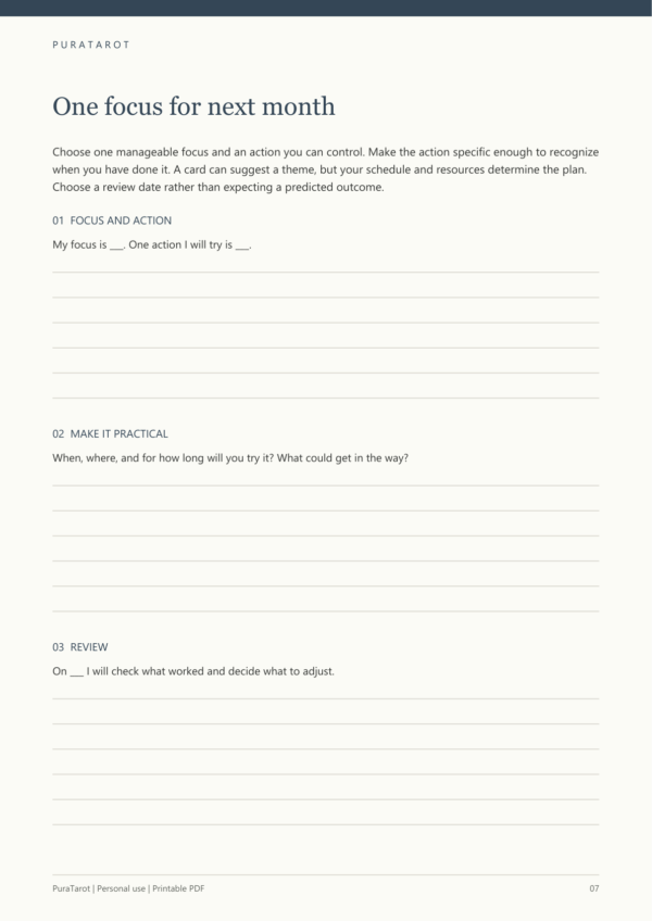 End-of-Month Tarot Review - actual action page Actual next-month focus page from the End-of-Month Tarot Review PDF