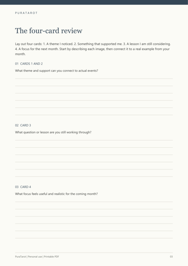 End-of-Month Tarot Review - actual worksheet page Actual monthly reflection worksheet from the End-of-Month Tarot Review PDF